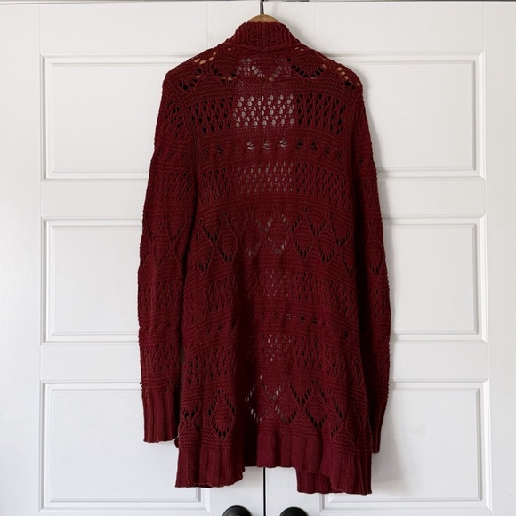 Lucky Brand Womens Open Cardigan Sweater Large Dark Red Maroon Long Knit Pockets - Picture 6 of 12
